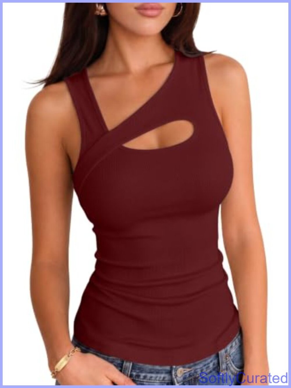 Ribbed Knit Cutout Fitted Tank Top Y2K Sleeveless Scoop Neck